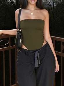 GAOVOT Women's Summer Casual Sports Y2K Sexy Spaghetti Strap Bodysuit - Olive Green - View 8