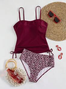 Chic Ribbed Tankini Set With Floral Print Bottoms - High Stretch, Non-Transparent, Machine Washable - Women's Fashion Swimwear - Burgundy - View 10