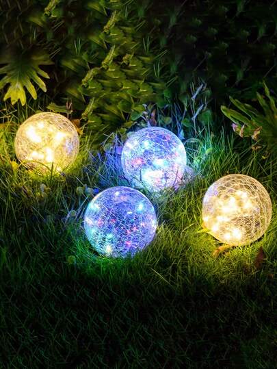 Creative Solar Powered Cracked Glass Ball Lawn Lights, Multi-Color Lighting, Suitable For Home, Garden, Yard, Outdoor Decor Lighting, Outdoor In-Ground Lights, Landscape Pathway Lights