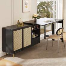 360° Swivel Bar Table (Main Body Dimensions: 107 X 40 X 71.4 Cm), Black Extendable Designer Bar Table, Storage Unit With Rattan Door And Open Shelf, Ideal For Kitchen And Dining Room. - 黑色 - 查看 4