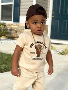 1pc Infant/Toddler Boys' Creative Cartoon Graphic Letter Slogan Print Basic Round Neck Short Sleeve T-Shirt, Casual & Fashionable - Apricot - View 6