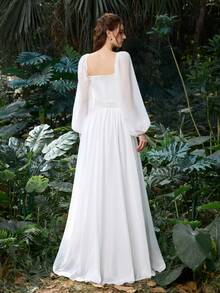 Faeriesty 优雅白色方领雪纺连衣裙，灯笼袖设计，腰部系带高开衩，适合派对、晚宴、鸡尾酒会、婚礼宾客等场合。 - 白色 - 查看 2