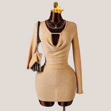 2026 Party Dress Women's Metallic Thread Yellow Plunging Neck Sexy Knit Long Sleeve Short Dress, Evening Gown, Holiday Party Celebration Dress, Christmas, Wedding Season, Spring/Summer New Arrival - Ginger - View 2