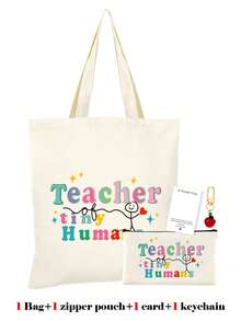 1件/2件/4件套，大容量教师主题帆布手提袋和便携式拉链铅笔盒收纳袋套装，附赠感谢卡和苹果钥匙扣帆布组合套装，返校季、毕业季、教师节必备礼物，多功能购物袋、书包、文具袋套装 - 米色 - 查看 33