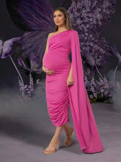 Irresista Maternity Dress With Shoulder Shawl, Pink, Suitable For Baby Shower, High Elasticity And Comfort
