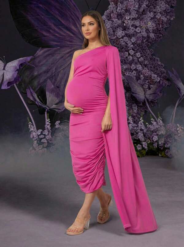 Irresista Maternity Dress With Shoulder Shawl, Pink, Suitable For Baby Shower, High Elasticity And Comfort