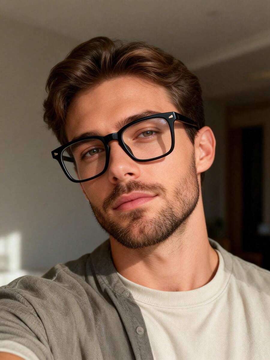 1件男士现代简约风格小翼钉镶嵌透明眼镜组合，适合日常生活、办公、阅读、看电视、玩游戏、手机装饰 - 無色 - 查看 1