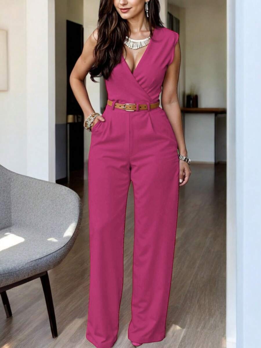 Sexy Ladies Jumpsuit With Belt Fashion - 玫紅色 - View 1