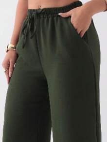 Women's Wide-Leg Pants In Duna Fabric With Elastic Waistband, Loose Fit, With Pockets, Summer, Spring, Casual, Simple, Vacation Style - 軍綠色 - 查看 4