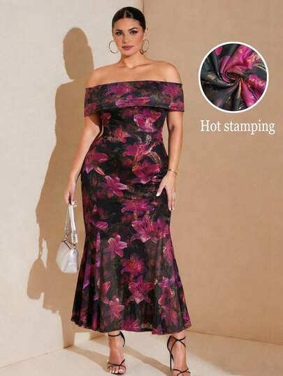 Plus Size Printed Pattern Off-Shoulder Elegant And Sexy Long Dress, Gold-Embossed Mesh Printed Tight Fishtail Hem Dress, Suitable For Graduation, Dates, Parties And BanquetsLarge-Sized Printed Pattern Off-Shoulder Elegant And Sexy Long Dress, Gold-Embossed Mesh Printed Tight Fishtail Hem Dress, Suitable For Graduation, Dates, Parties And Banquets Vacation