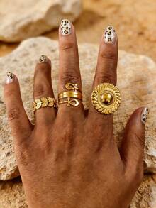 3件套不锈钢18K镀金复古硬币几何椭圆形叶子图案戒指套装，适合女性日常、节日、朋友聚会、约会、外出等场合佩戴。 - 彩色 - 查看 4