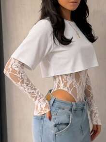 Blusa corta de mujer de encaje transparente y manga corta, body sexy de unicolor con parches de encaje transparente para uso diario, citas, fiestas de solteros, escenario y conciertos, primavera/verano, elegante en blanco - Blanco - Ver 6