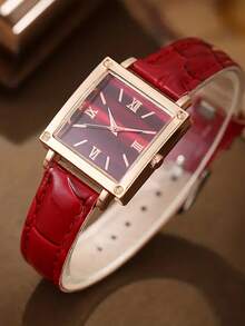 1件女士优雅时尚真皮表带腕表，方形罗马数字表盘，石英表套装 - 玫瑰金 - 查看 6