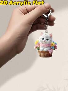 Cute Cat Acrylic Pendant, Cat Shaped Bag Charm, 2D Acrylic Pendant, White Cat Sitting In Flower Basket, Car Keychain, Home Decor, Pet Lover Gift, Fun Decor, Smooth Texture, Outdoor Decor, Gift, Souvenir, Gift For Friends, Family, Girls, Unique Birthday Gift, Party Gift, Holiday Gift, Teacher Gift - Multicolor - View 3