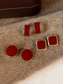 3 Pairs Minimalist Elegant Personalized Fashion Daily Casual Earrings Set, Suitable For Wedding, Holiday Gifts, Party, Vacation - Burgundy - View 3