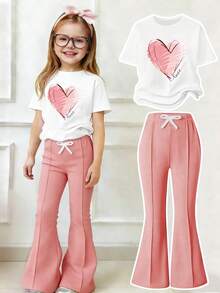 Toddler Girls' Cartoon Print Round Neck Short Sleeve Top And Flare Pants Set - White - View 1