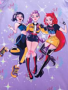 2pcs/Set Young Girl Short Cap Sleeve Round Neck Straight Dress, Fashionable Cartoon Character Print, Casual & Versatile Girls Clothing - Multicolor - View 5