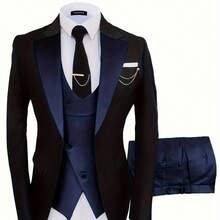 Formal 3 Pieces Set, Men's One Button Jacket & Slanted Lapel Vest & Pants Suit Set For Business Dinner Wedding Party -  For Men - Suitable For Formal Occasions - Perfect Gift For Business Professionals - 藏蓝色 - 查看 1