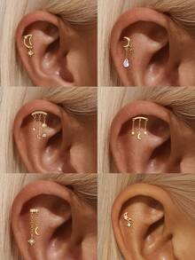 Brincos de cartilagem em prata de lei 925 com formato de lua, modelo 1 peça, com corrente e base plana. Hipoalergênicos, ideais para piercings na cartilagem, daith, conch, tragus e hélix. Uma ótima opção de presente para mulheres. - Ouro - Ver 1