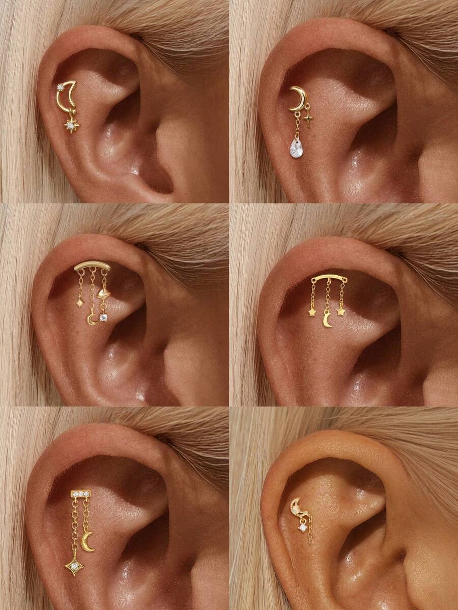 Brincos de cartilagem em prata de lei 925 com formato de lua, modelo 1 peça, com corrente e base plana. Hipoalergênicos, ideais para piercings na cartilagem, daith, conch, tragus e hélix. Uma ótima opção de presente para mulheres. - Ouro - Ver 1