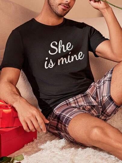 Bộ đồ ngủ nam, cổ tròn, tay ngắn, quần short kẻ caro, đồ mặc nhà mùa hè.