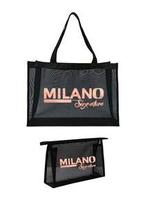 MILANO 经典网眼手提袋及收纳袋套装，黑色透明网眼手提袋，饰以玫瑰金印花图案，大容量手提袋+便携收纳袋，适合海滩、可重复使用购物、沙滩用品、杂货收纳，是时尚爱好者、海滩游客、通勤族、送礼佳品的理想之选，非常适合海滩旅行、夏季度假、日常出行和购物。 - 彩色 - 查看 14