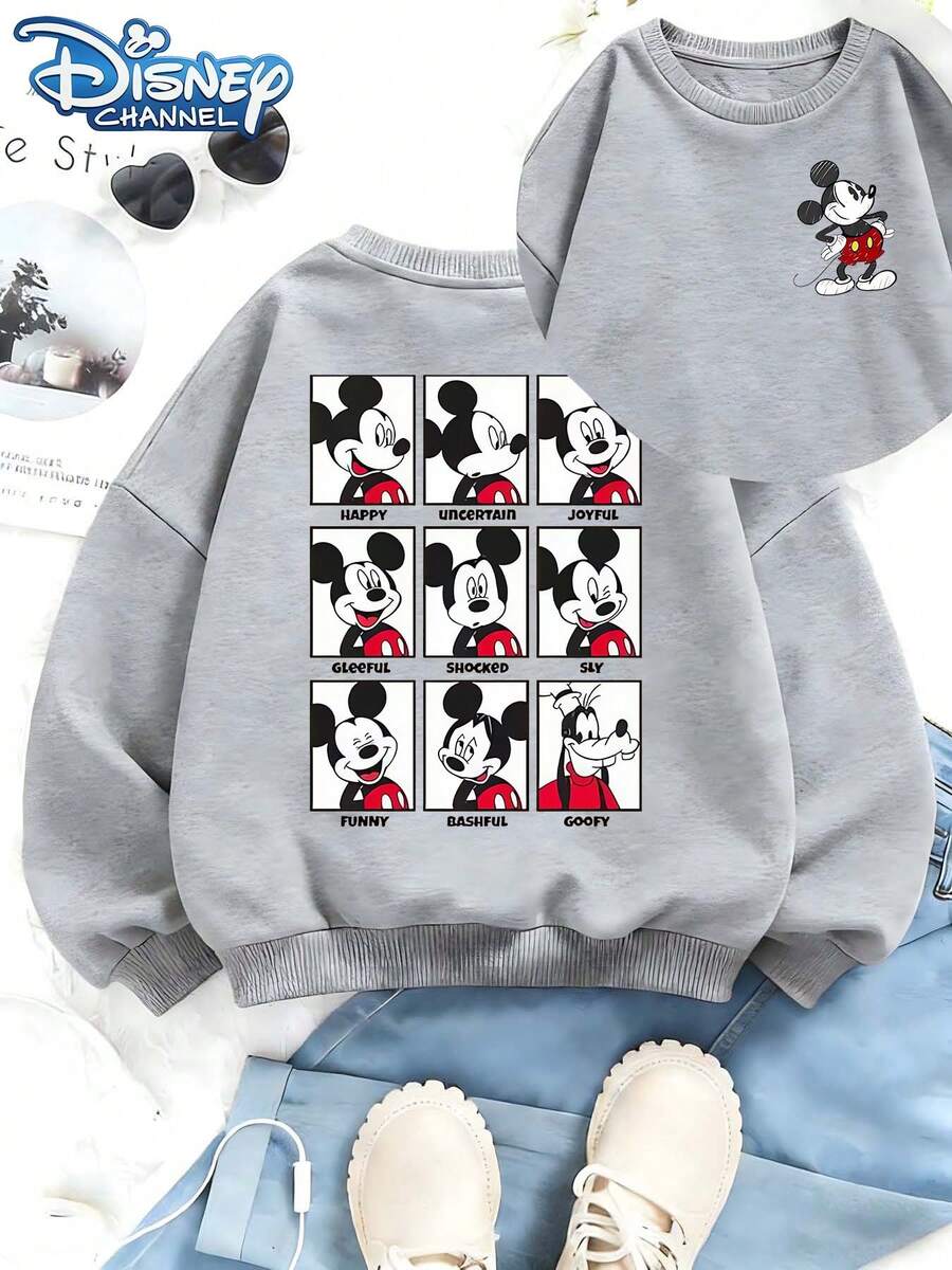 This Soft And Warm Girls' Hoodie Features A Disney 9-Square Mickey Mouse Face Print, Making It Perfect For Everyday Casual Wear, Family Outings, And Any Occasion. - 灰色 - 查看 1