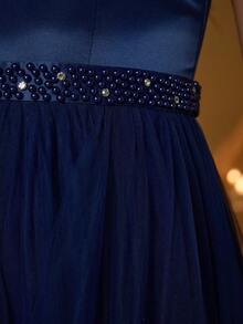 Mgiacy New V-Neck Elegant Plus Size Puff Dress Pearl Decor Mesh Long Dress, Summer Wedding Party - Blue - View 10