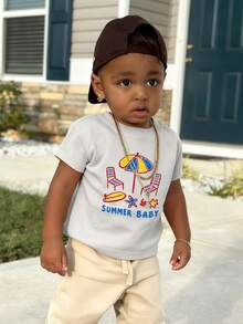 1件婴儿/幼儿男童创意卡通图案字母标语印花基本款圆领短袖T恤，休闲时尚 - 白色 - 查看 6