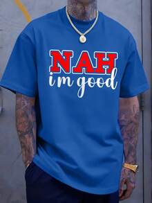 男士时尚休闲“NAH I'M GOOD”印花圆领短袖T恤，夏季款 - 藍色 - 查看 7