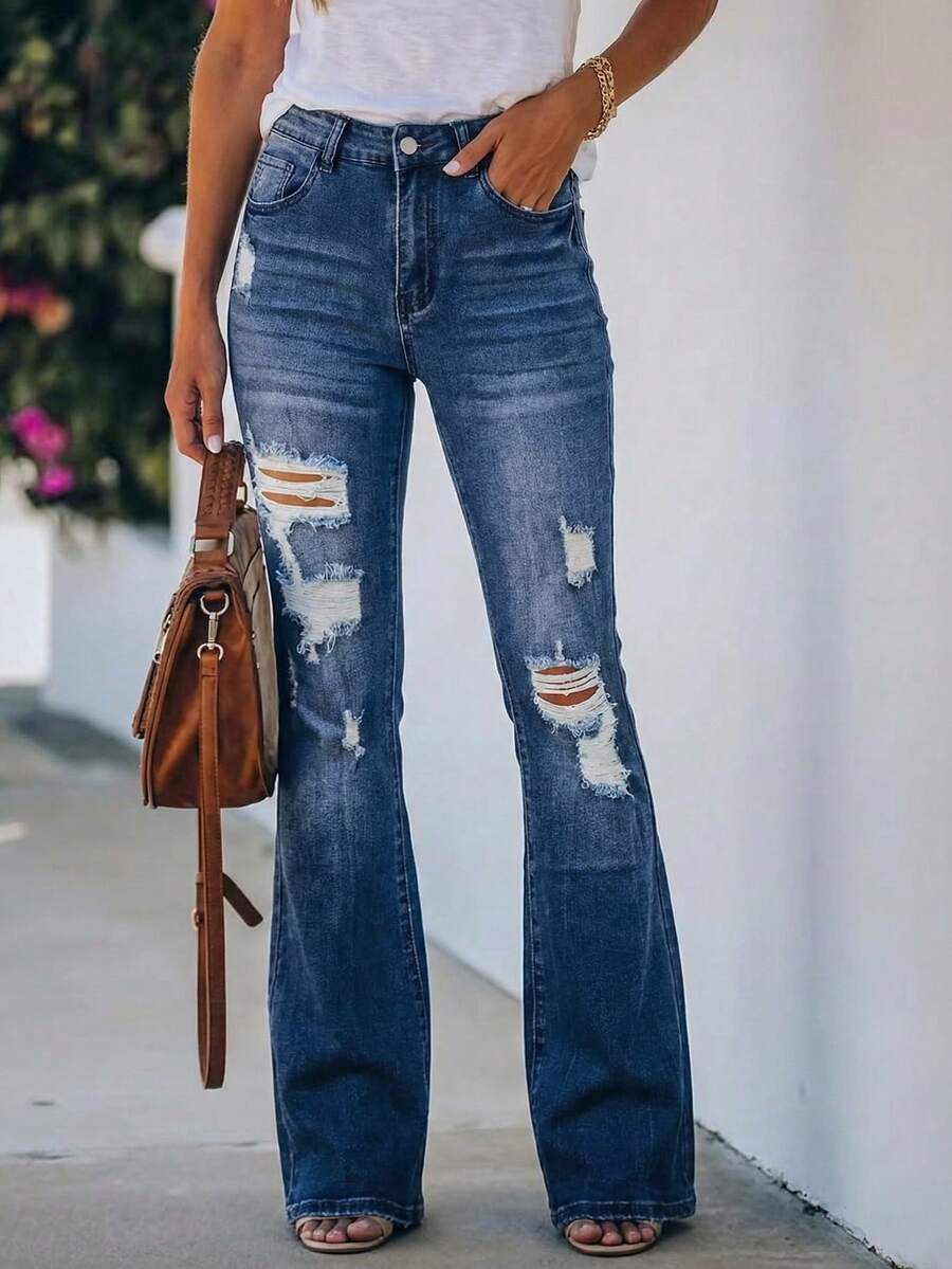 时尚女士牛仔破洞喇叭裤，长款带口袋、拉链和微弹面料，适合休闲穿着 - 藍色 - 查看 1