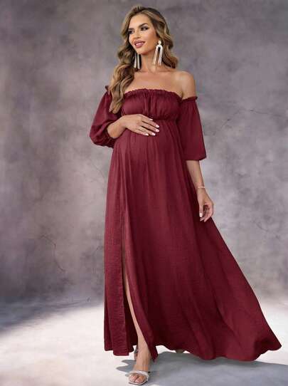 Irresista 孕妇时尚纯色露肩开衩睡袍连衣裙