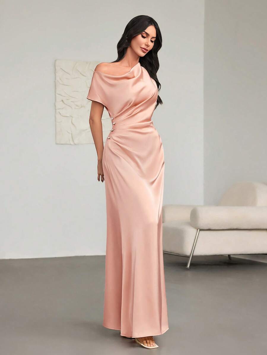 Elegant Champagne-Pink A-Line Dress – Asymmetric Shoulder Pleats, Button-Front Design, Ideal For Weddings, Prom & Dates Wedding Guest Dress For Women Weddings & Events Luxury Evening Dresses For Weddings Elegant Dresses For Party Ramadan Dress - Pink - View 1