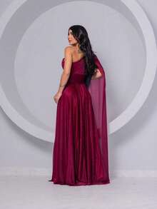 Women's Tulle Crystal Dress Shiny Color Long One Shoulder One Sleeve Long Cape Fashion Prom Party Social - 紅木色 - 查看 2