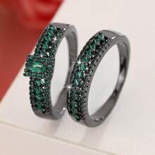 女士两件套铜戒指，优雅复古新娘叠戴戒指，镶嵌闪亮锆石，日常/婚礼首饰，情人节礼物 - 婚禮對戒7 - 查看 3