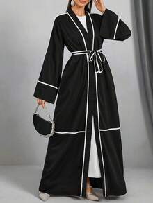 女士拼色腰带优雅长袖阿拉伯长袍，长款度假朴素长袍 - 白色 - 查看 2