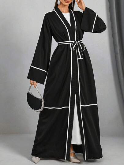 女士拼色腰带优雅长袖阿拉伯长袍，长款度假朴素长袍