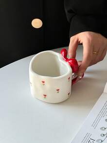 1pc Heart-Shaped Ceramic Coffee Mug, Korean Minimalist Ins Style Creative Personalized Ceramic Mug, Heart-Shaped Cup & Bowknot Handle, Handmade Coffee Cup, Suitable For Home, Restaurant, Cafe - Cute, Creative, Personalized Breakfast Cup, Tea Cup, Coffee, Perfect Birthday And Holiday Gift - Multicolor - View 13