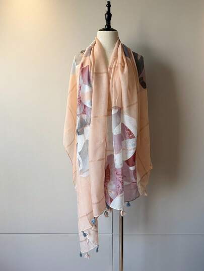 2026 New Arrival 1pc Women's Lightweight Long Scarf With Gold Thread Inlay, Abstract Art Print & Tassel Fringe, Sun-Shading Shawl Wrap, Can Be Used As Hijab & Veil, All-Season Accessory