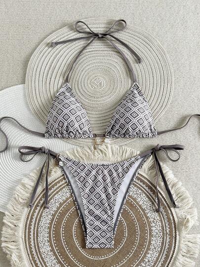 2pcs/Set Rhombus Geometric Pattern Elegant Sexy Backless Tie-Up Beach Vacation Stage & Concert Wear, Summer