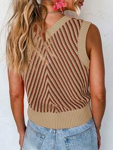Acelitt Multicolor Striped Contrast Casual Knit Ribbed V-Neck Sleeveless Wool Vest, Summer - Khaki - View 2