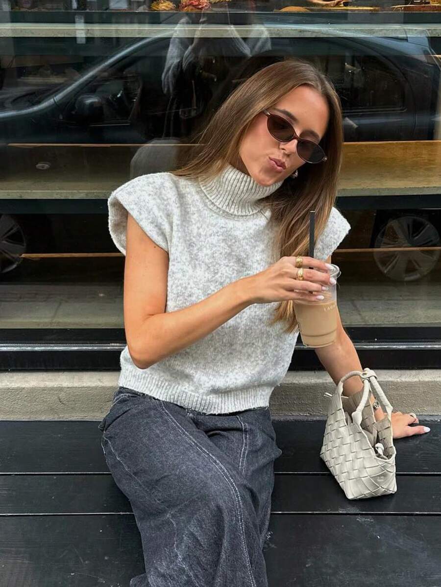 Senya 2026 女士新款休闲优雅短袖针织上衣，柔软针织面料，宽松版型，适合春夏穿着，纯色高领，适合日常通勤、办公室穿着和机场穿着。 - 灰色 - 查看 1