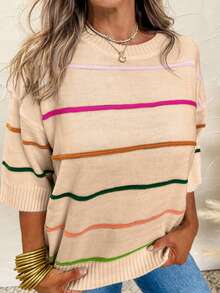 Acelitt Colorblock Striped 3/4 Sleeve Off Shoulder Casual Knit Top, Suitable For All Seasons - Apricot - View 3