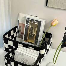 1pc Multi-Purpose Black & White Plaid Storage Basket, Suitable For Cosmetics, Snacks, Toys And Bedroom Items, With Desktop Shelf, Tiered Storage Basket, Applicable For Office, Bathroom, Kitchen, Large Capacity Cosmetic Organizer Box - Multicolor - View 3