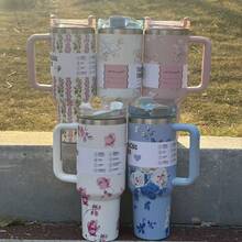 1pc,40 Oz H2.0 Cup,Camping Full Body Floral Pattern, 40oz Cup Stainless Steel Vacuum Insulated Tumbler With Lid And Straw For Water, Iced Tea Or Coffee, Smoothie And More, 40oz Reusable Double Walled Vacuum Insulated Stainless Steel Water Bottle With Handle For Outdoor Activities, ,  For Camping, Hiking, Can A Gift For Friends And Relatives - 40盎司花粉 - 查看 6