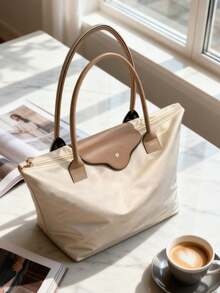 1个简约百搭休闲纯色大容量拉链单肩手提包，适合购物、度假、工作、通勤，时尚单肩手提包，带顶部提手，防水单肩包，可作饺子包、腋下包、尼龙包、可折叠学生包，适合旅行、上学和办公。 - 米色 - 查看 4