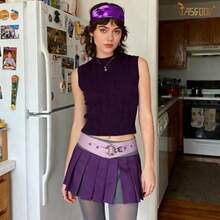 JASGOOD Wide Elastic Belts For Women Dresses Coats Black Chunky Leather Belt With Vintage Interlock Buckle - Màu tím - Xem 2