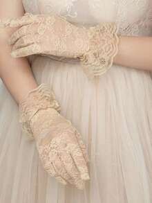 A Pair Of Sweet Lace Sun-Protection Gloves, Lightweight And Breathable, Highly Elastic, Can Cover Scars And Tattoos, Protect Your Arms While Driving, Suitable As Halloween Accessories, Winter Gloves, For Weddings, And Valentine's Day. - 彩色 - 查看 6
