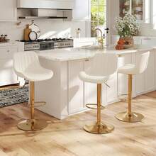 Kiztir - Juego de 2 taburetes de Bar de Terciopelo Ajustables con Respaldo y reposapiés, taburetes de Bar giratorios Dorados para Isla de Cocina, Bar, café (Beige) - Beige (dorado) - Ver 8