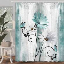 Farmhouse Shower Curtain Teal Daisy Floral Flowers And Butterfly Country Wooden Bathroom Curtain Turquoise Blue With 12 Hooks 70x70 Trending Bestseller Best For Home Bathroom Decor - Teal Blue - View 3